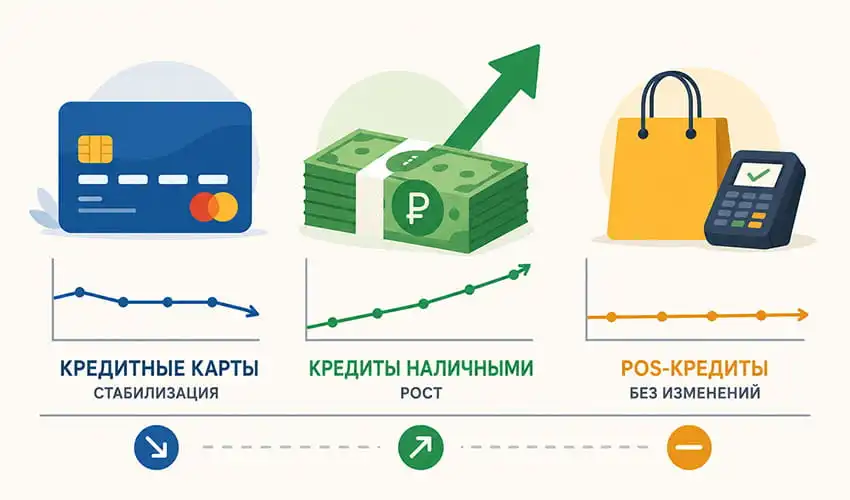 Кредиты наличными растут быстрее карт и POS-кредитов